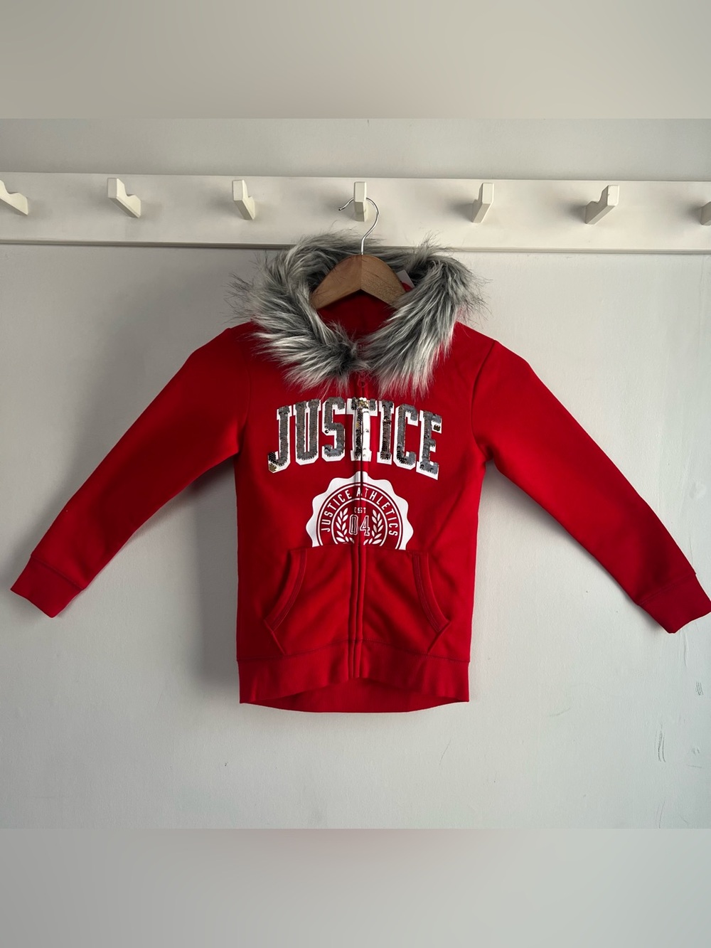 Justice Active Girls Size 8 Hoodie Jacket Red Faux Fur Hood Full Zip Sequins